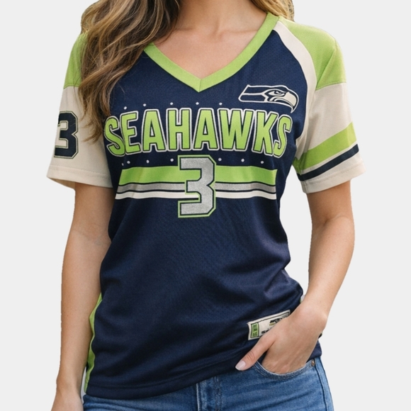 Source Unknown Tops - Seattle Seahawks Short Sleeve V-Neck Decorative Wilson Jersey Size M